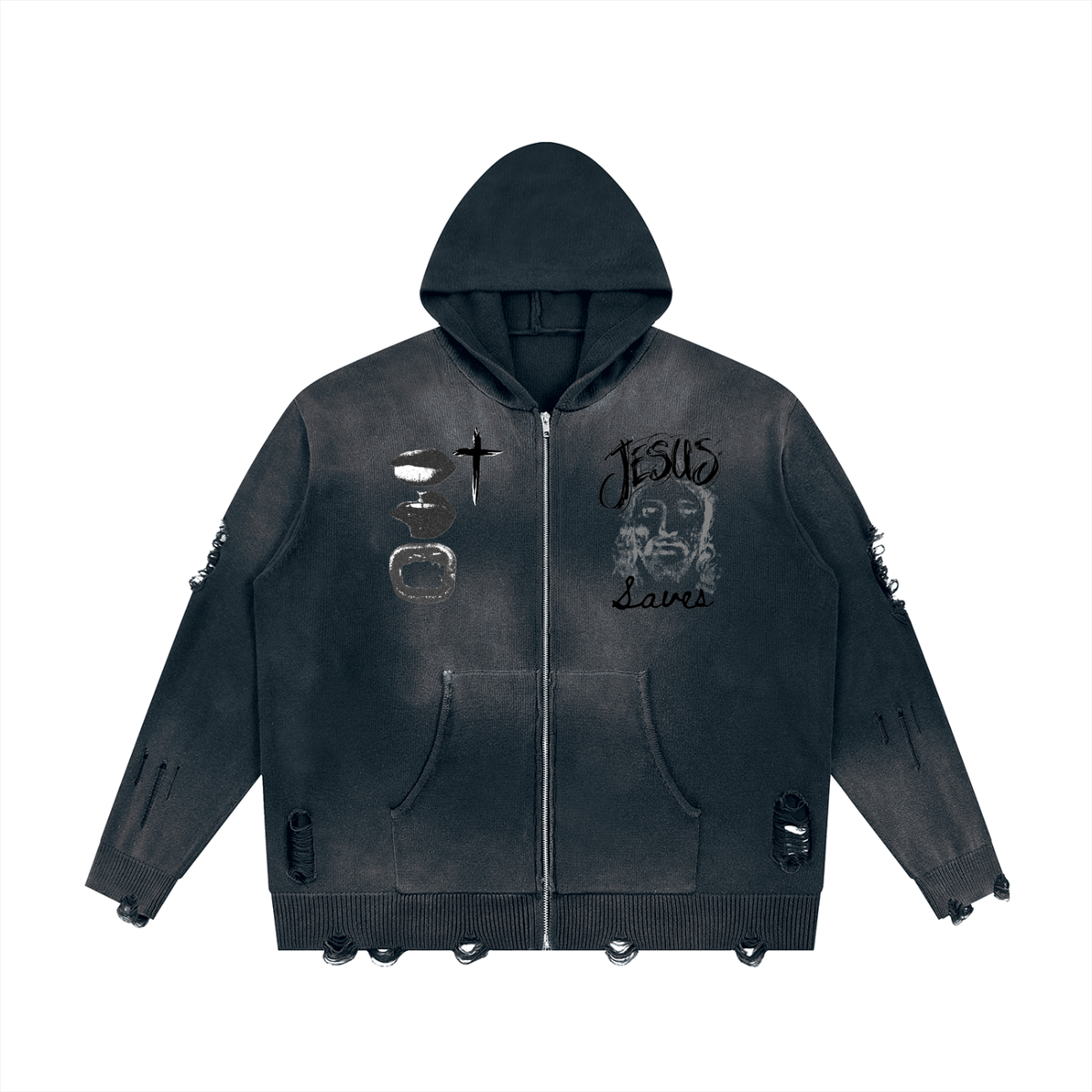 Jesus Saves- Unisex Distressed Full Zip Sweater