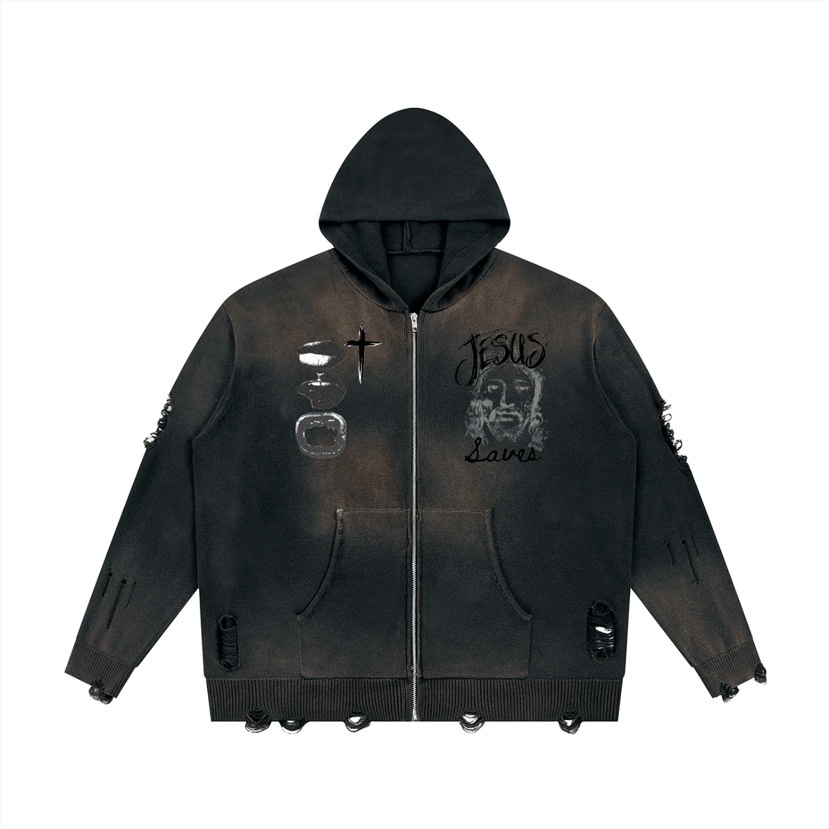 Jesus Saves- Unisex Distressed Full Zip Sweater