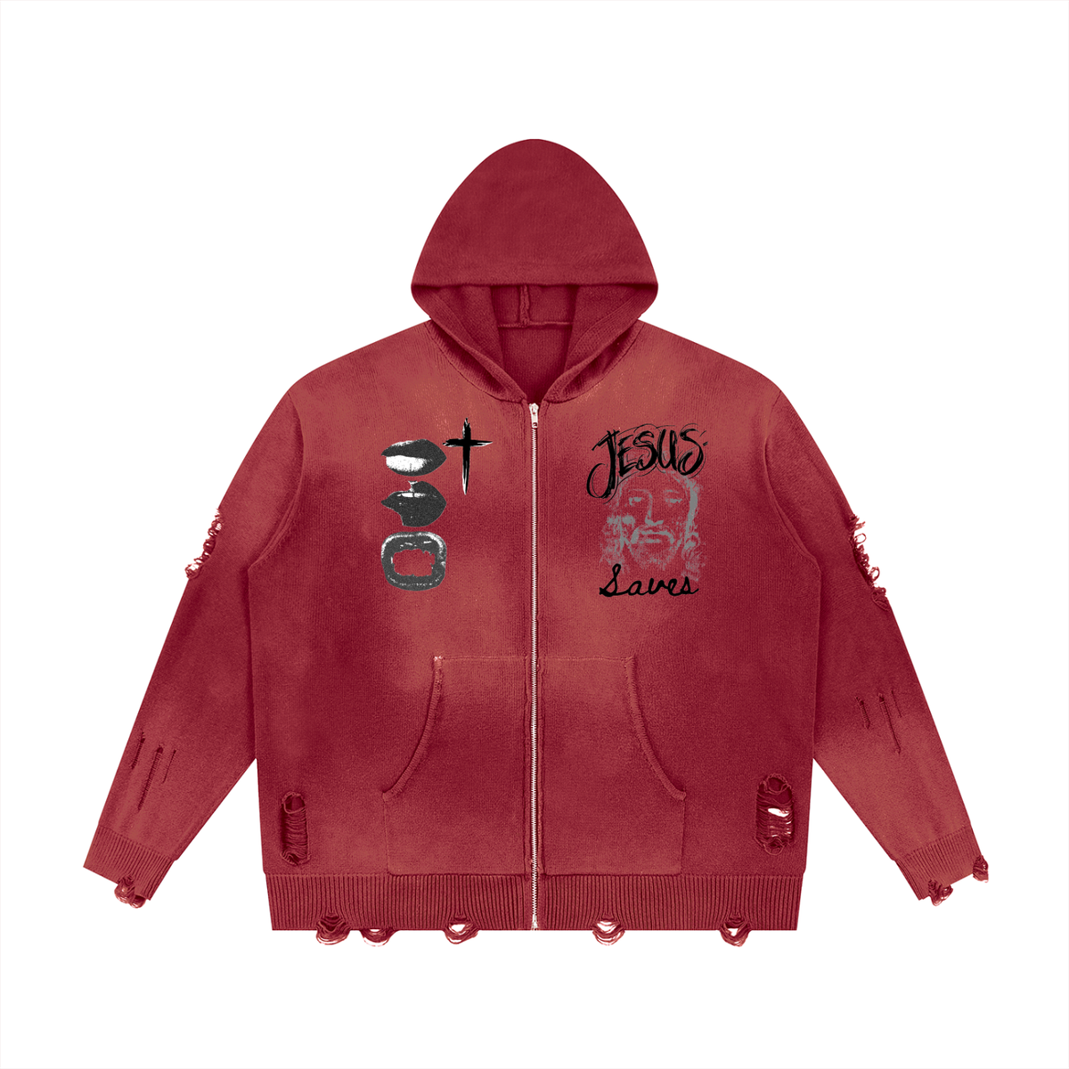 Jesus Saves- Unisex Distressed Full Zip Sweater